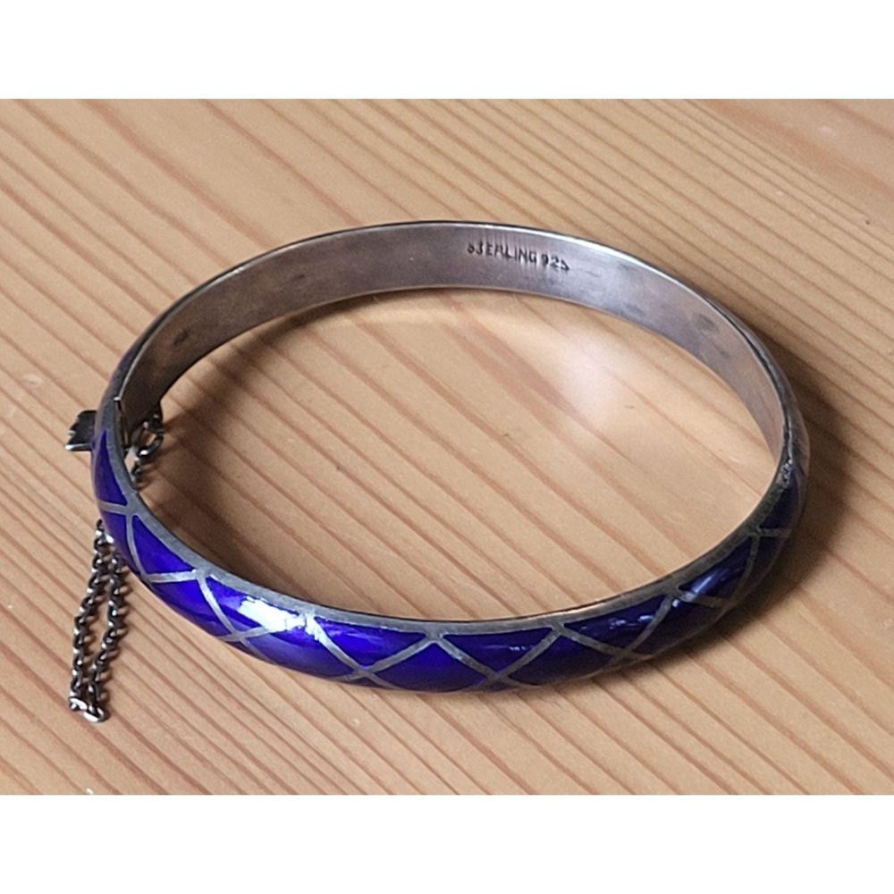 Vintage Blue Enamel Sterling Hinged Bracelet Silver X Inlay Design Safety Chain